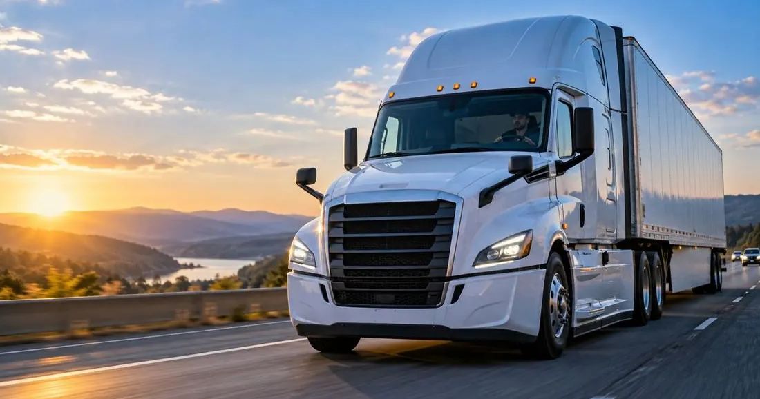 A white semi truck with a trailer drives along a highway at sunset.