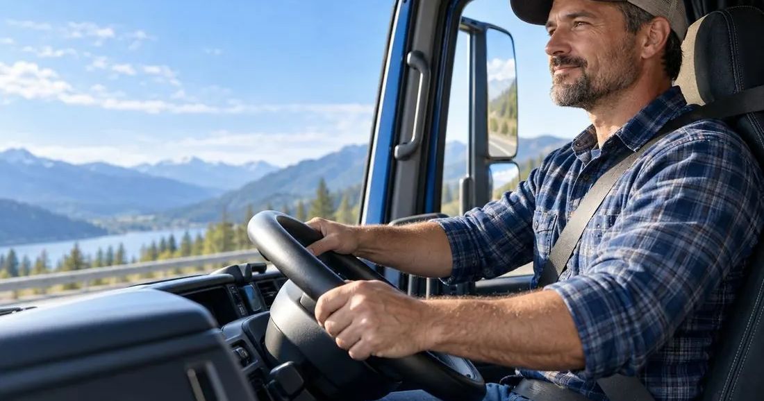 A truck driver in a plaid shirt and cap holds the steering wheel with a seatbelt on, with mountains outside the window.