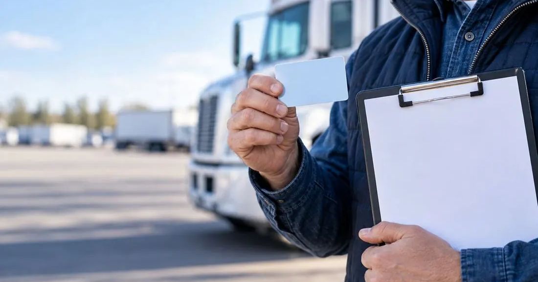 A man holds a clipboard in front of a white semi truck.