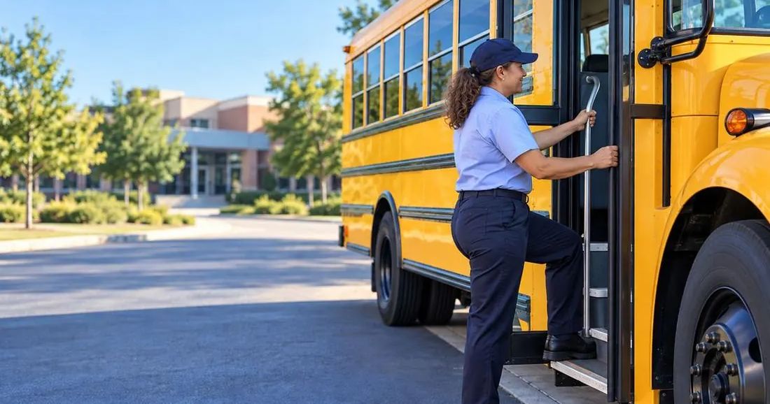 A school bus driver steps up into a yellow school bus outside a school.
