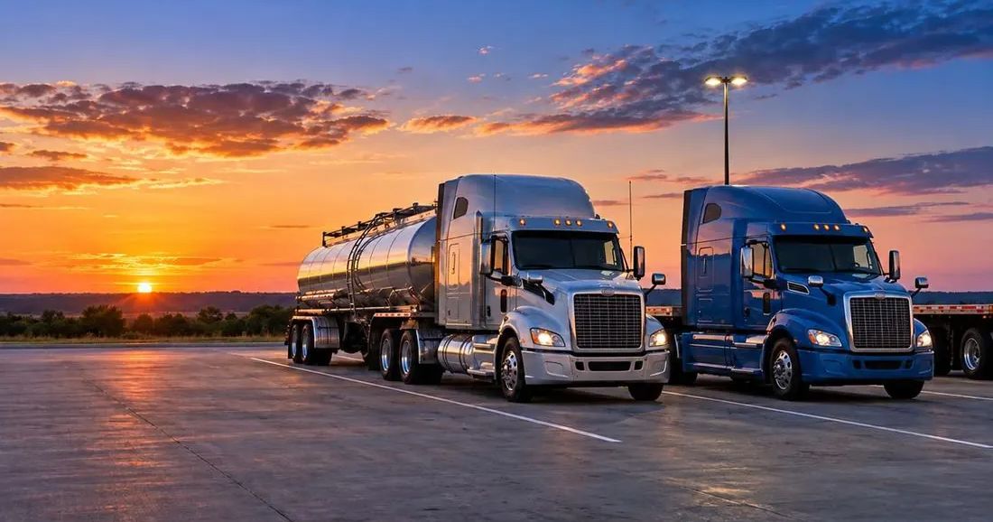 A fuel tanker truck and a blue semi truck parked in a lot at sunset.