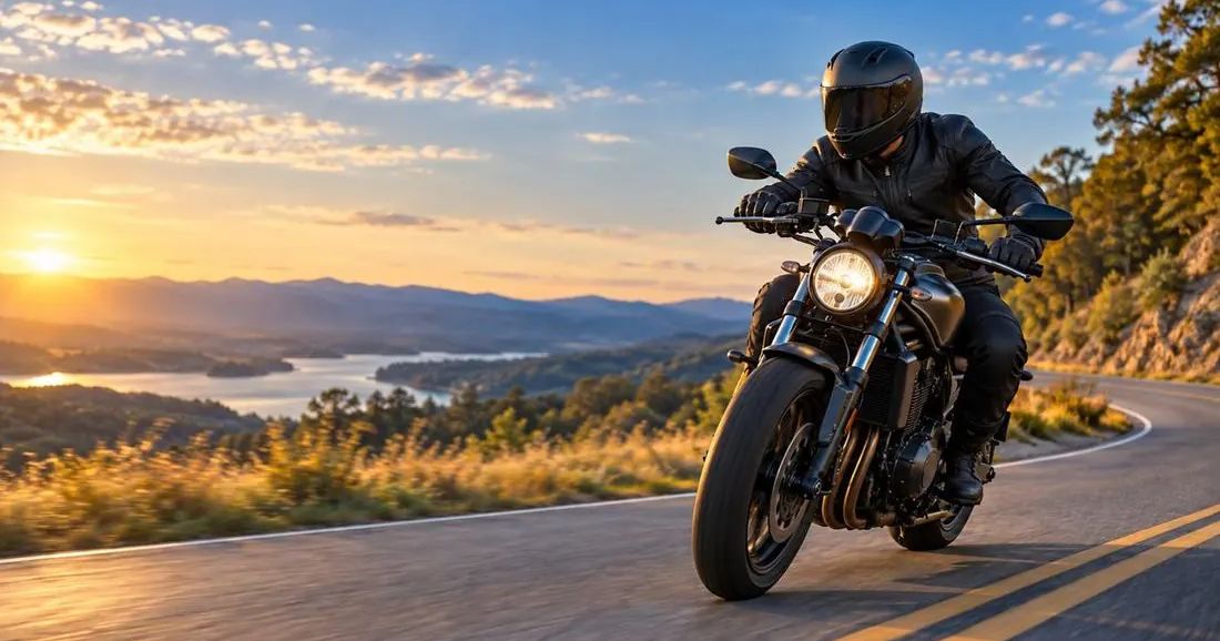 A rider on a motorcycle leans through a curve on a mountain road at sunset.