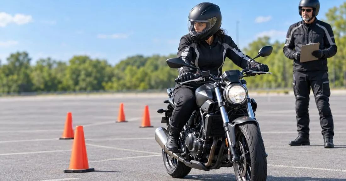 A rider on a motorcycle waits beside orange cones while an examiner with a clipboard stands nearby during a skills test.