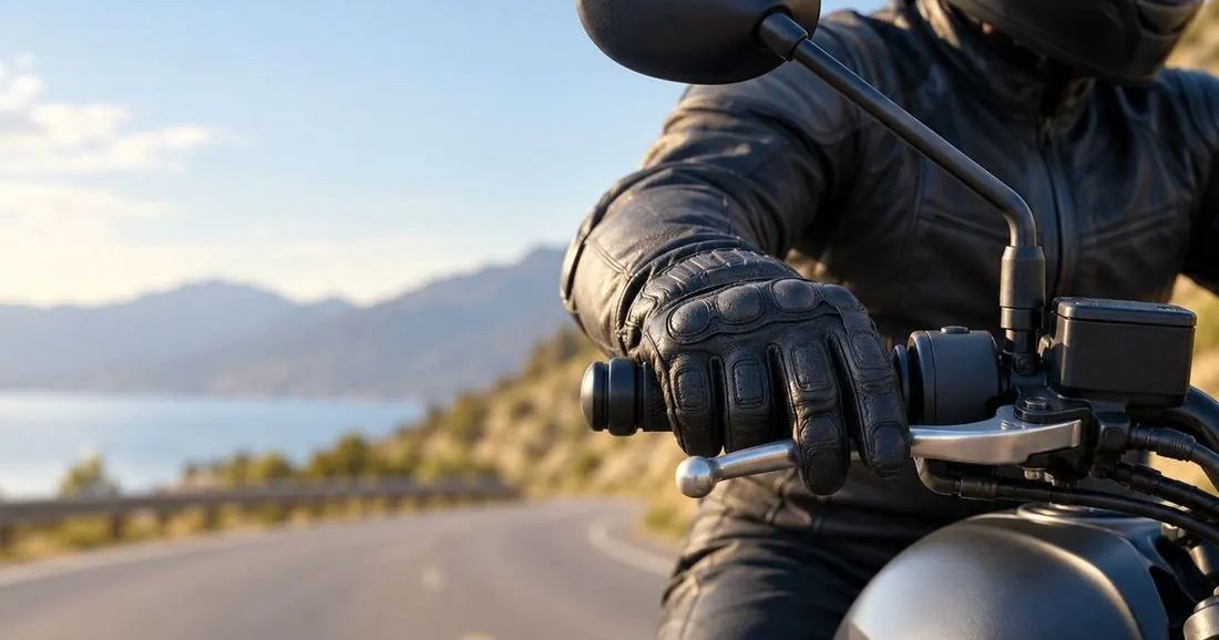 Close-up of a rider's gloved hand on the handlebar and mirror of a motorcycle on a lakeside road.