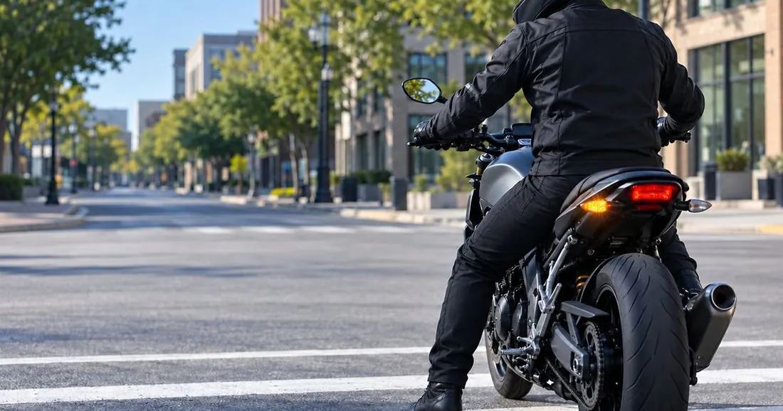 A rider in a black helmet and jacket sits on a motorcycle stopped at a city crosswalk.