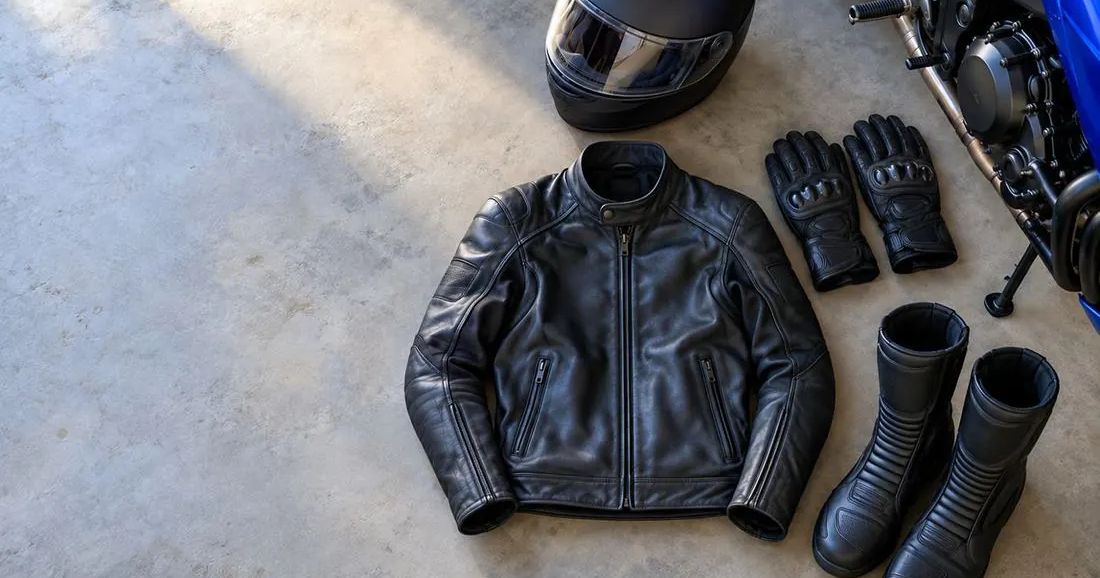 Riding gear laid out on the floor: a helmet, a leather jacket, gloves and boots.