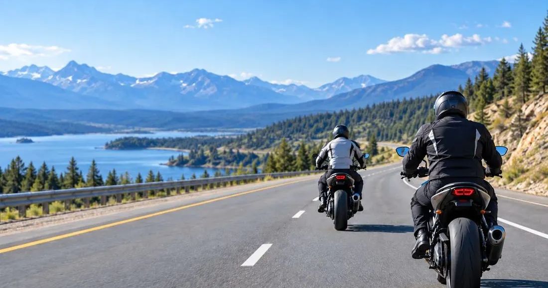 Two riders on motorcycles travel along a mountain highway beside a lake.