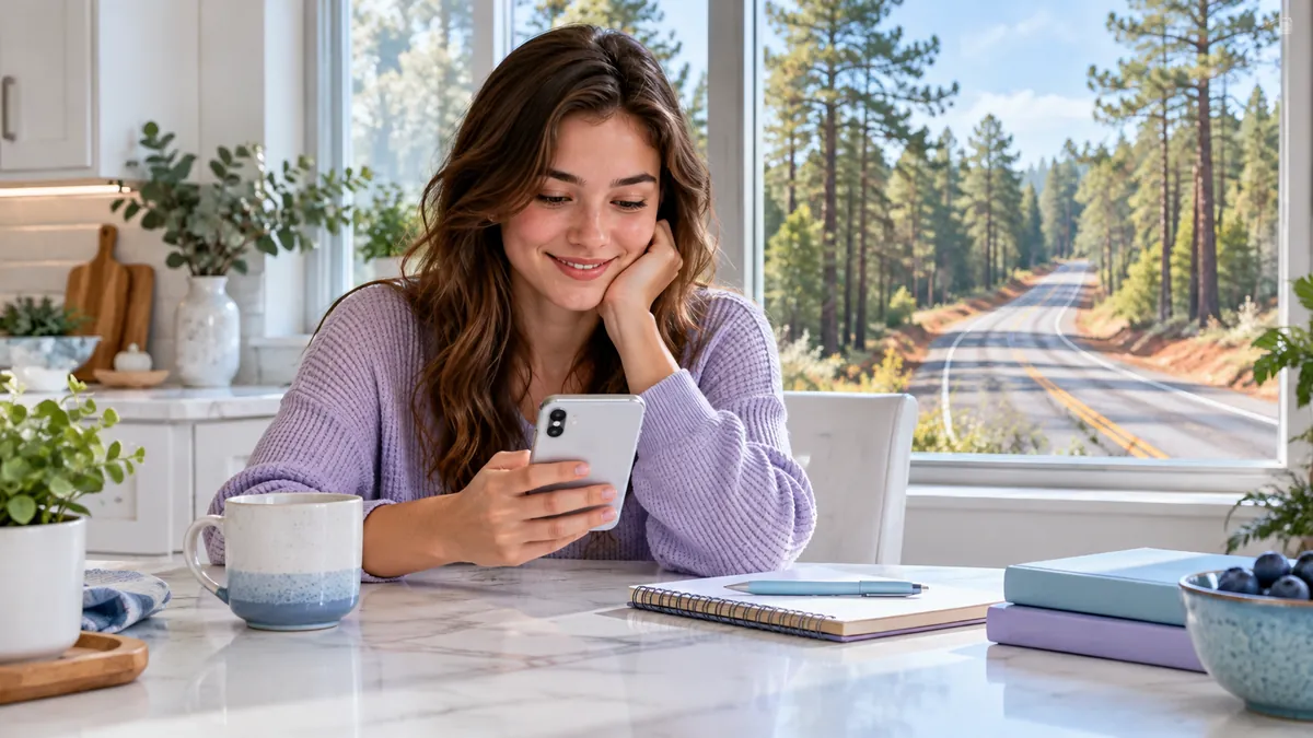 A new driver studying for the Alabama permit test on a phone at a kitchen table