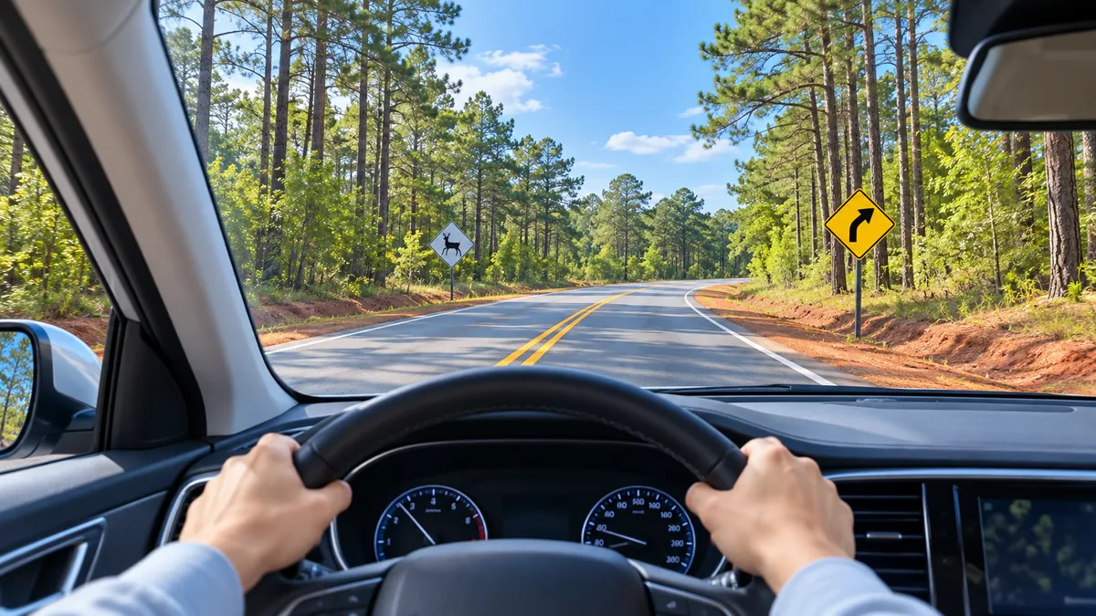 View from the driver's seat of a tree-lined two-lane road with red clay shoulders