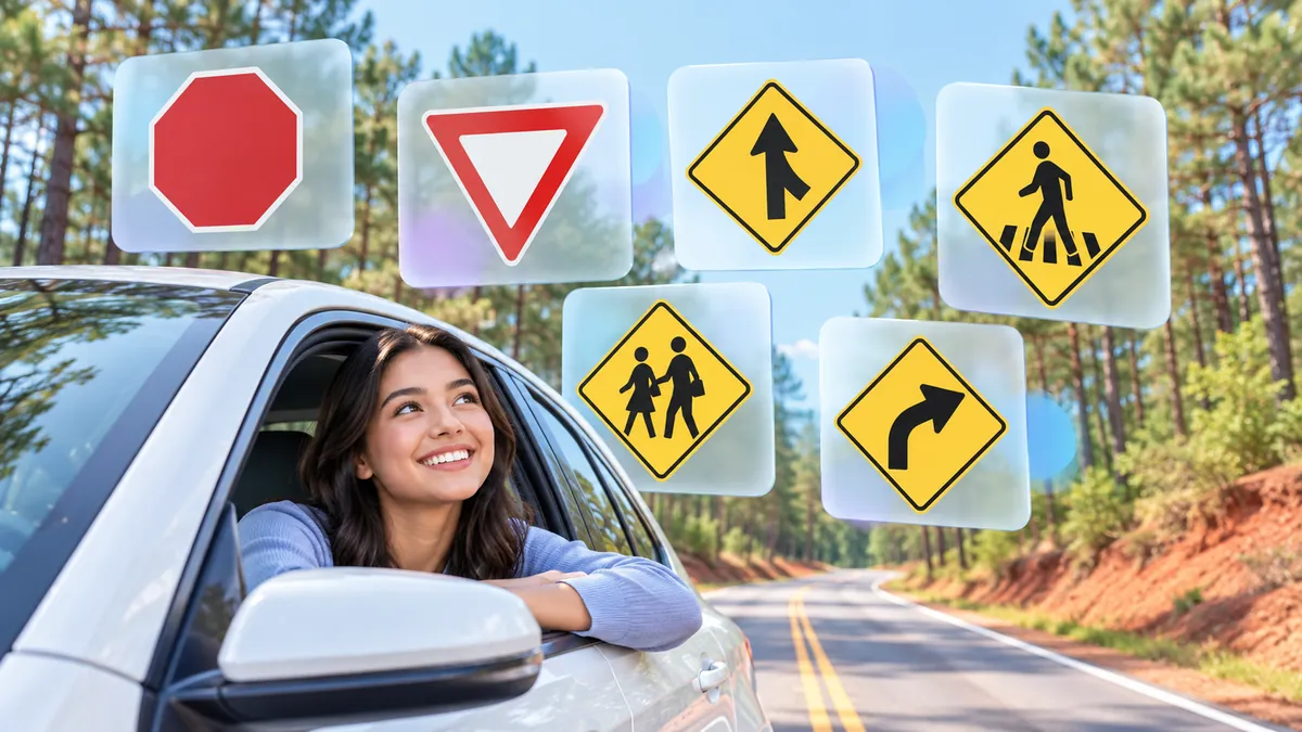 A clean flat illustration of 6–8 US road signs floating on frosted glass cards over white