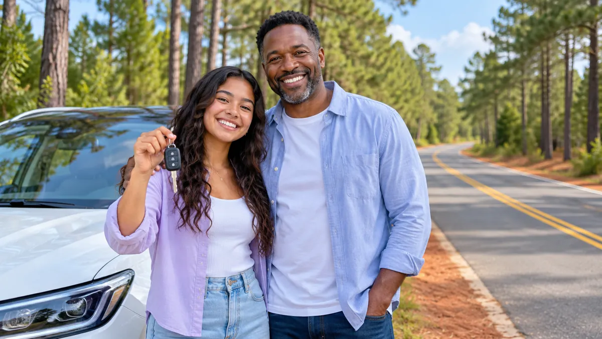 A happy new driver holding car keys next to a parent beside a modern car