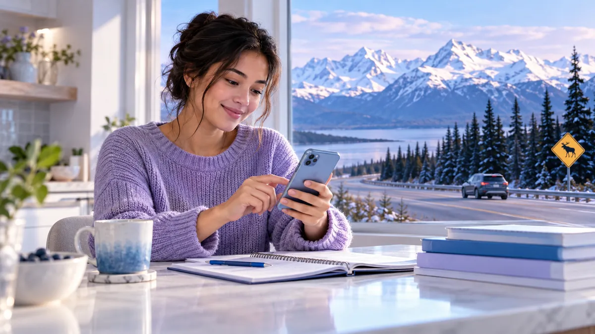 A new driver studying for the Alaska permit test on a phone at a kitchen table