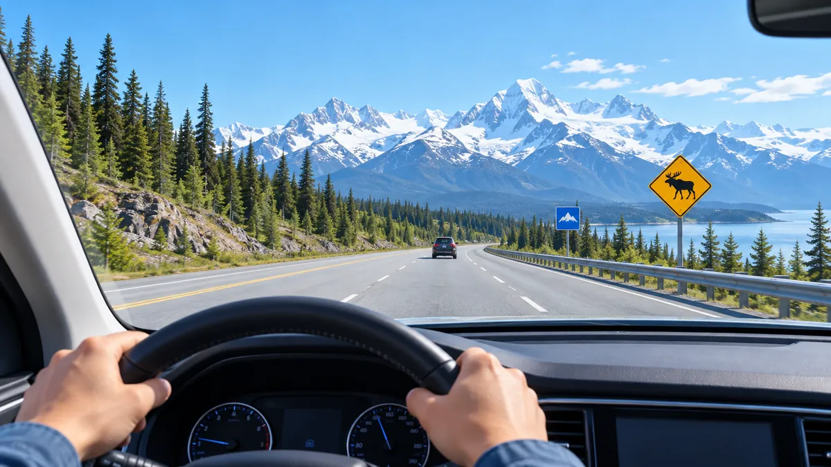 View from the driver's seat of a wide road with snow-capped mountains and dark spruce forest