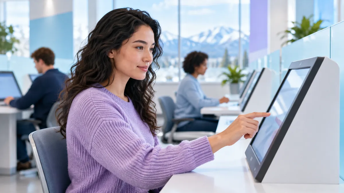 A person at a touchscreen testing kiosk in a bright, modern, government-style office