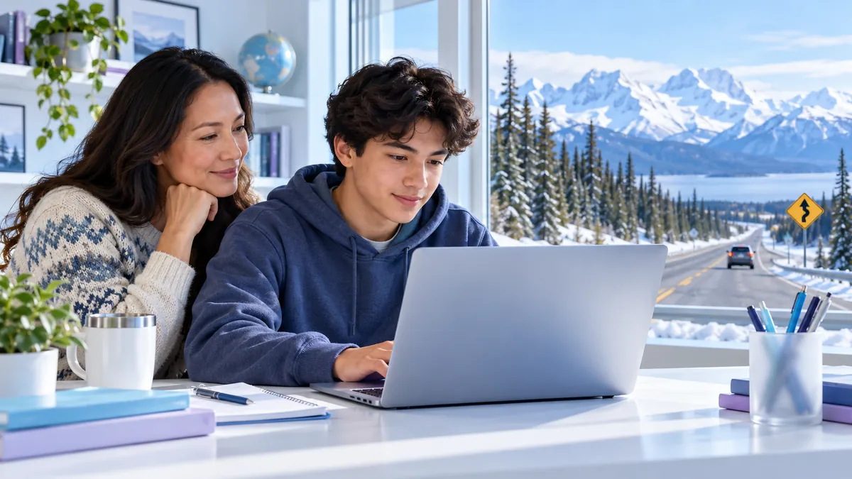 A teen taking the permit test online at home on a laptop at a desk, a parent sitting nearby
