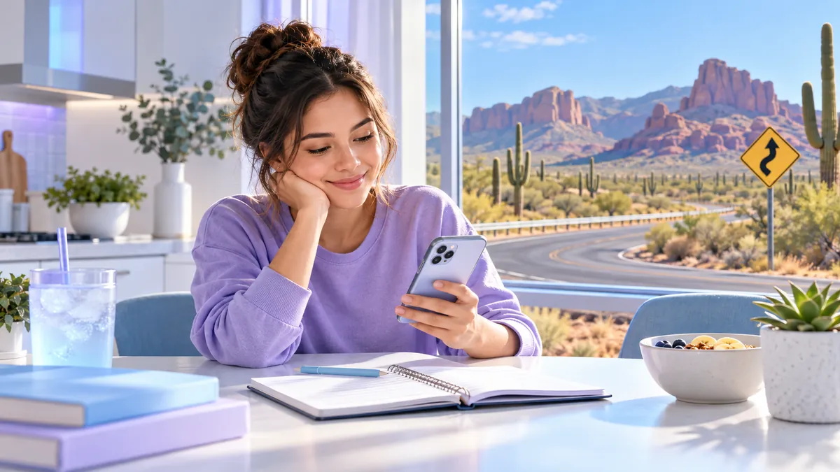 A new driver studying for the Arizona permit test on a phone at a kitchen table