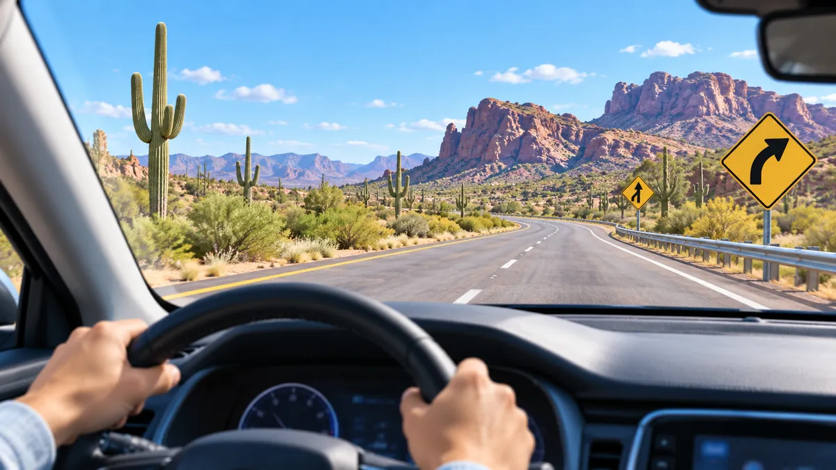 View from the driver's seat of a desert highway with saguaro cacti and red rock buttes