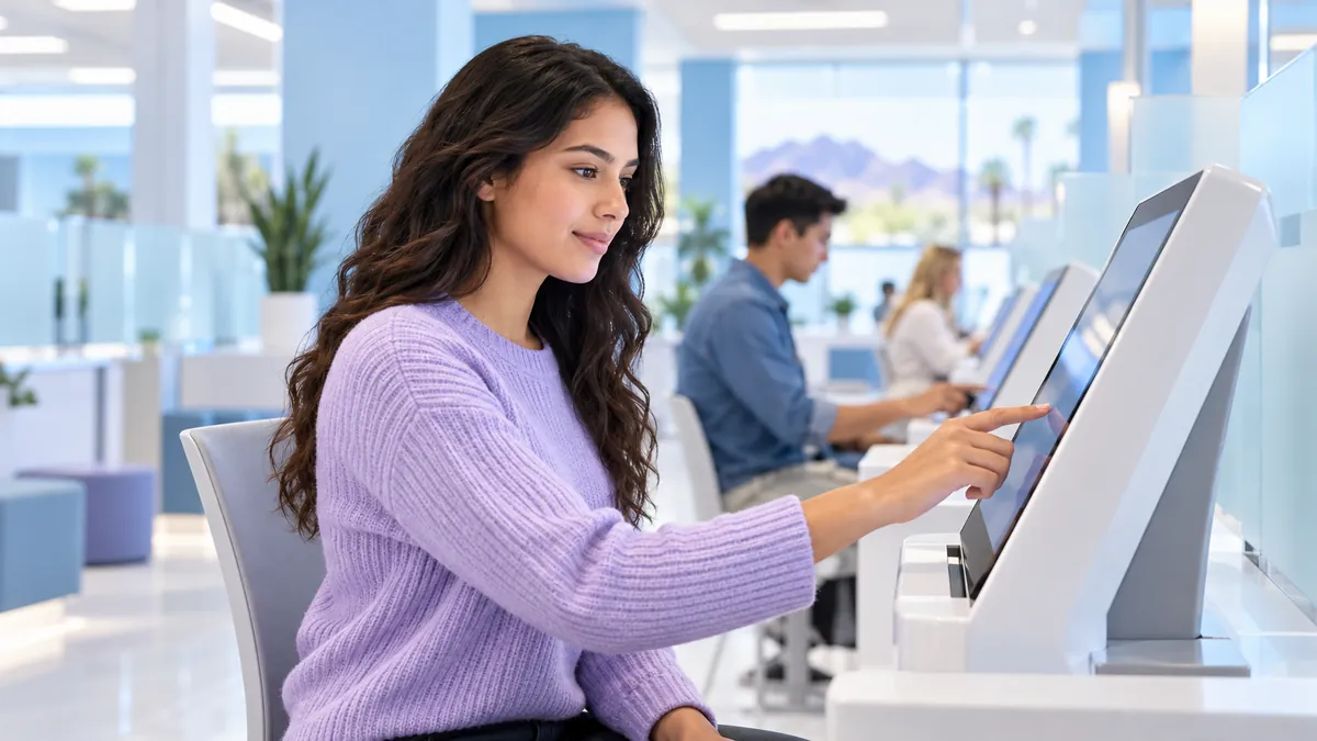 A person at a touchscreen testing kiosk in a bright, modern, government-style office