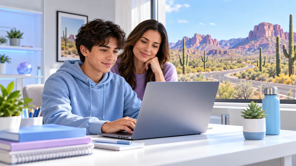 A teen taking the permit test online at home on a laptop at a desk, a parent sitting nearby