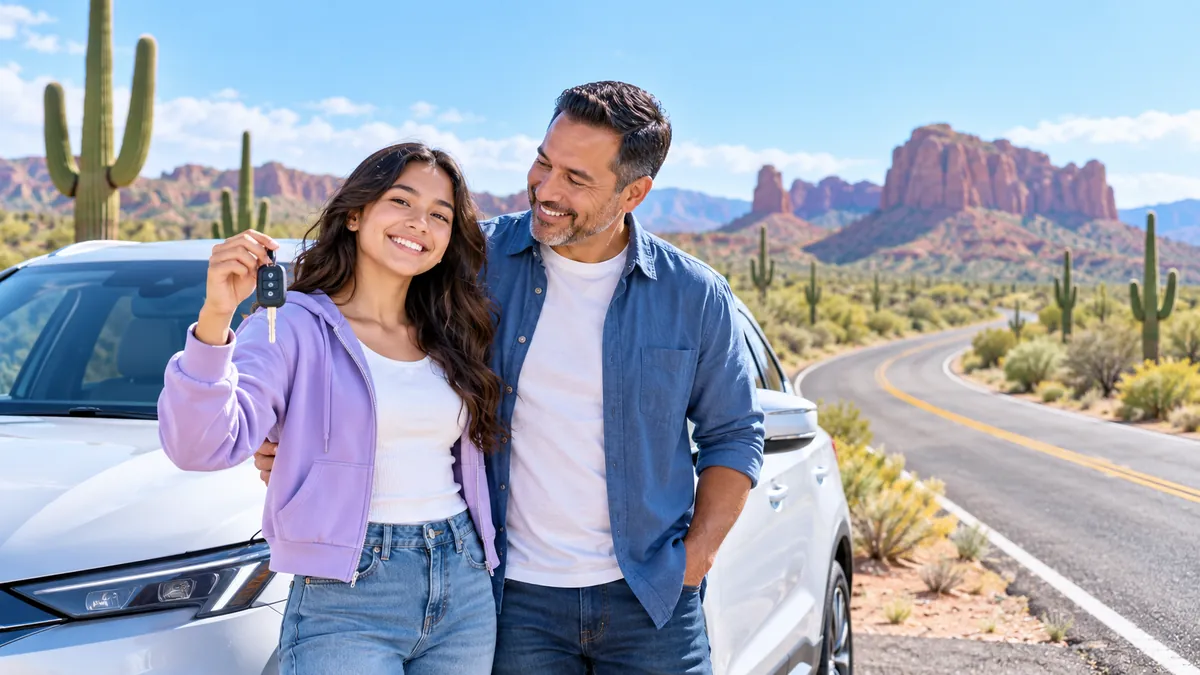 A happy new driver holding car keys next to a parent beside a modern car