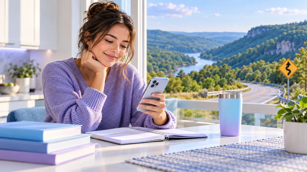 A new driver studying for the Arkansas permit test on a phone at a kitchen table