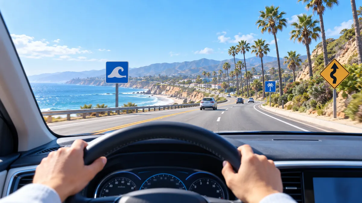 View from the driver's seat of a coastal highway with palm trees and the Pacific Ocean