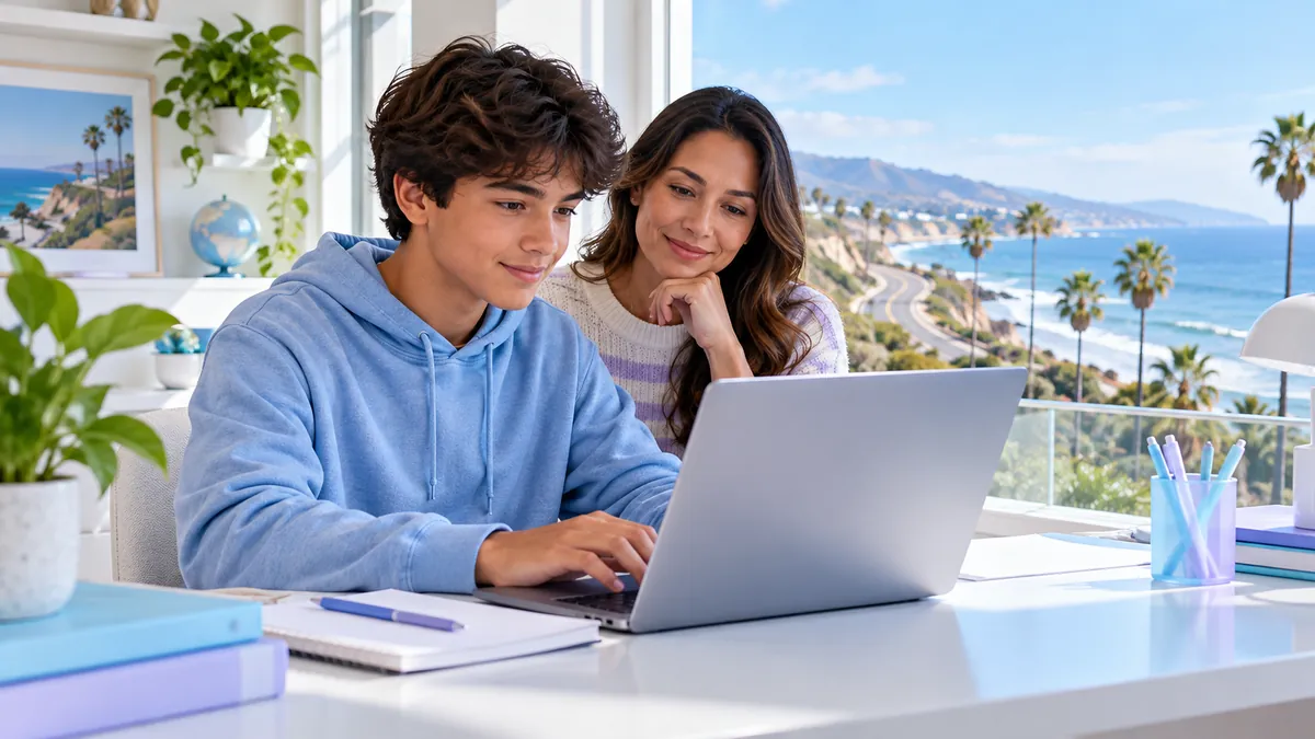 A teen taking the permit test online at home on a laptop at a desk, a parent sitting nearby