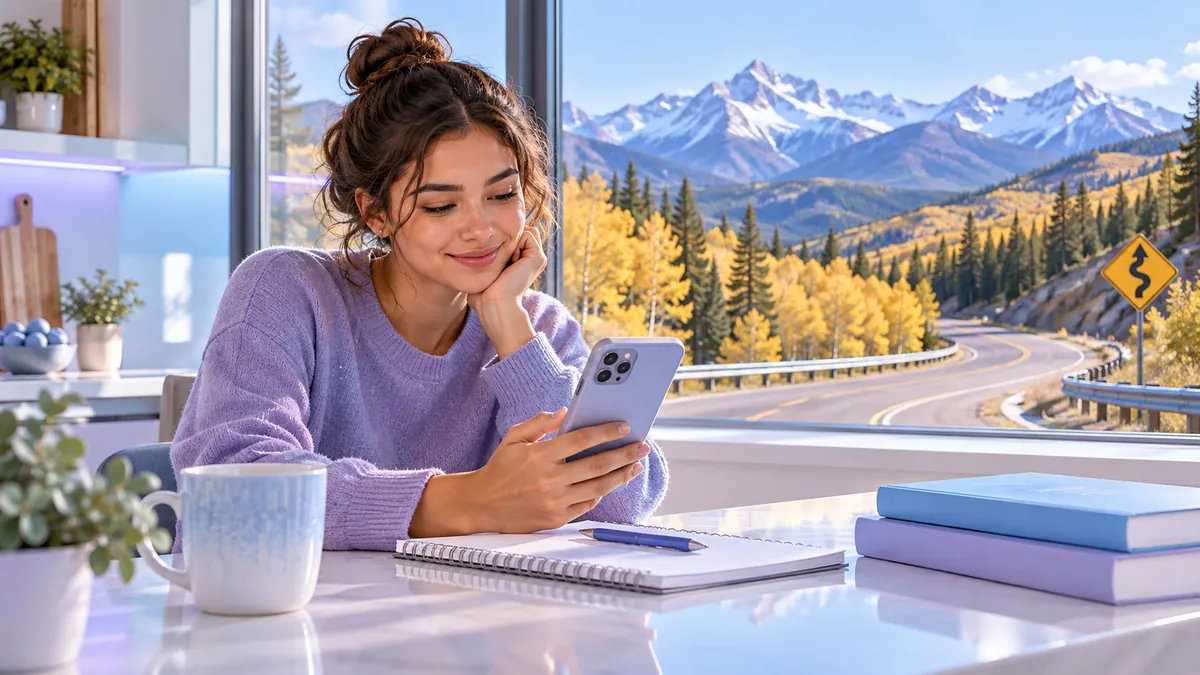 A new driver studying for the Colorado permit test on a phone at a kitchen table