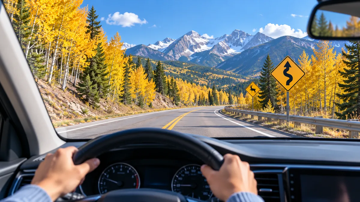View from the driver's seat of a mountain road with golden aspen trees and Rocky Mountain peaks