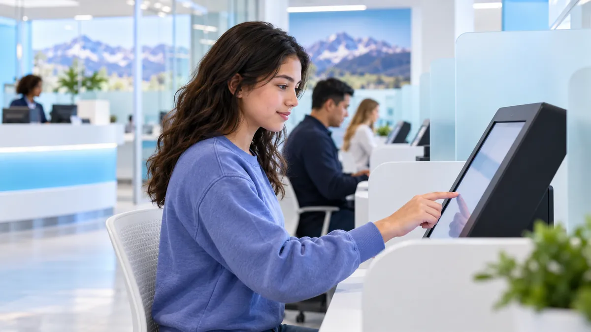 A person at a touchscreen testing kiosk in a bright, modern, government-style office