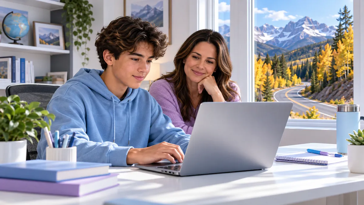 A teen taking the permit test online at home on a laptop at a desk, a parent sitting nearby