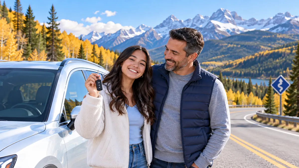 A happy new driver holding car keys next to a parent beside a modern car