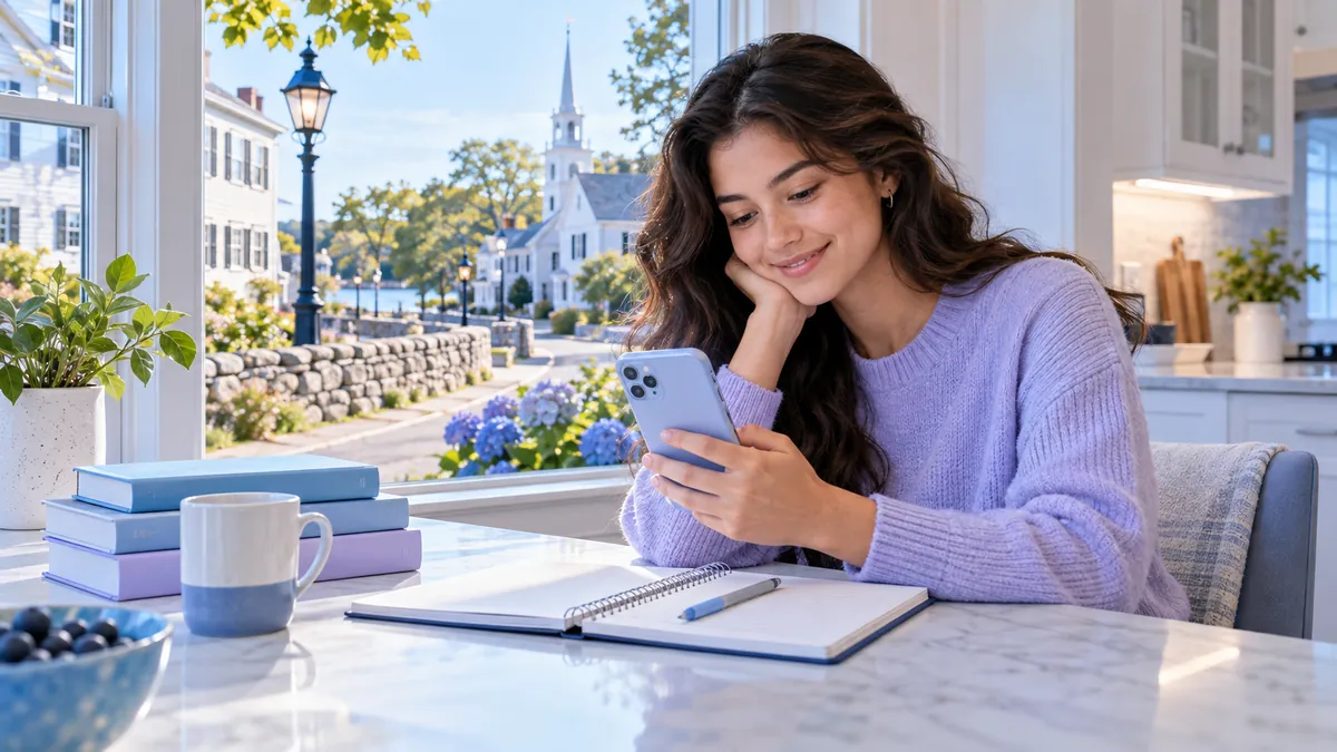 A new driver studying for the Connecticut permit test on a phone at a kitchen table