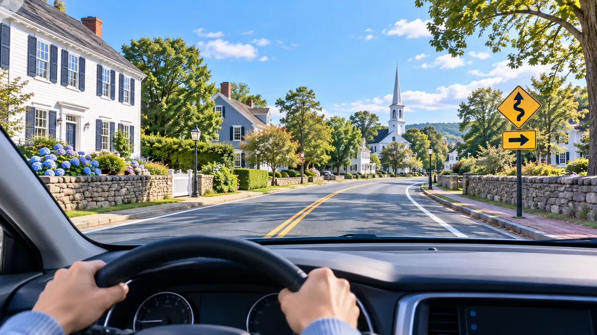 View from the driver's seat of a New England town street with stone walls and colonial houses