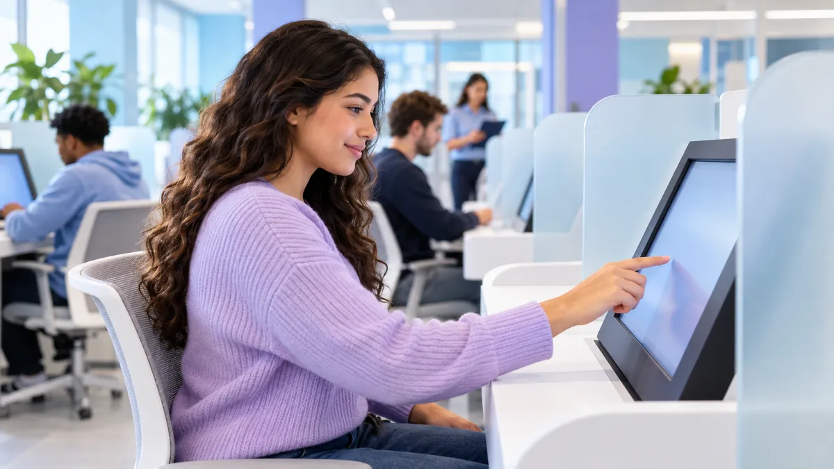 A person at a touchscreen testing kiosk in a bright, modern, government-style office