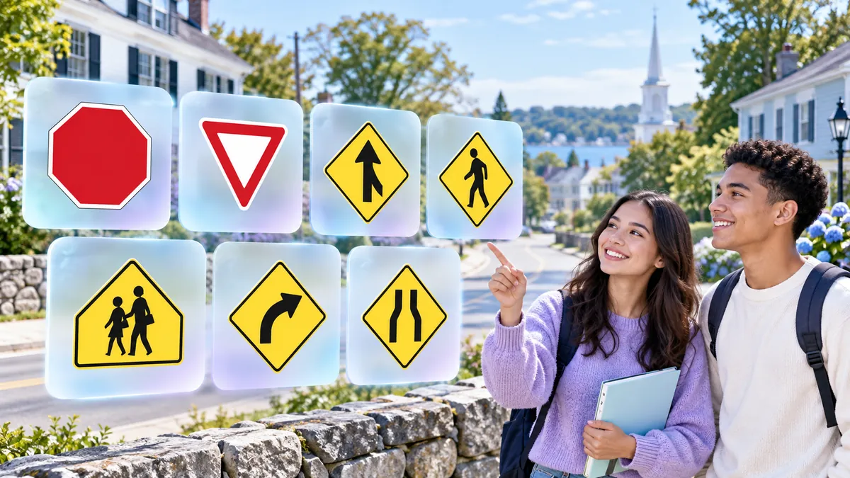 A clean flat illustration of 6–8 US road signs floating on frosted glass cards over white