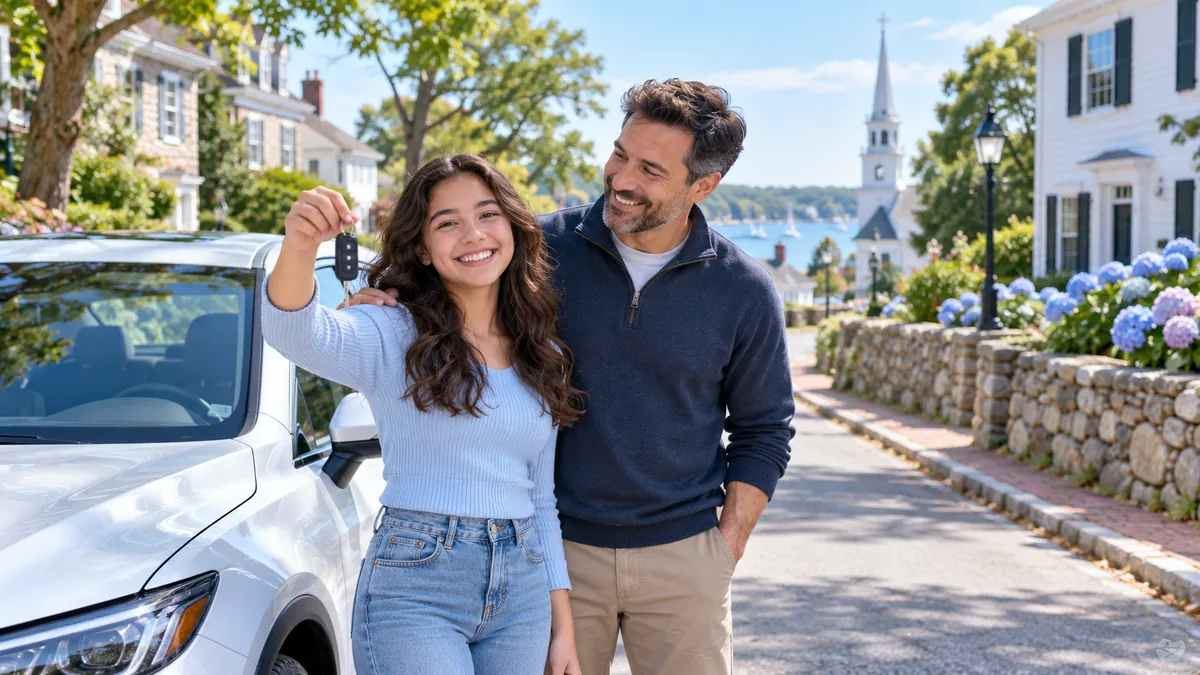 A happy new driver holding car keys next to a parent beside a modern car