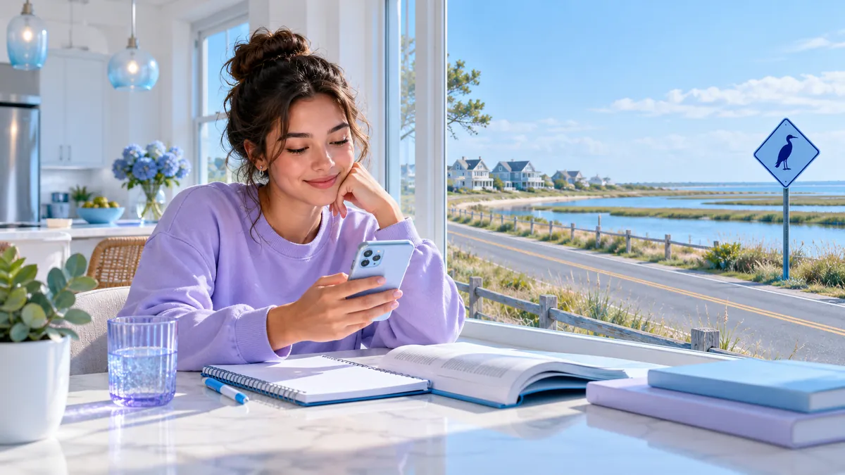 A new driver studying for the Delaware permit test on a phone at a kitchen table