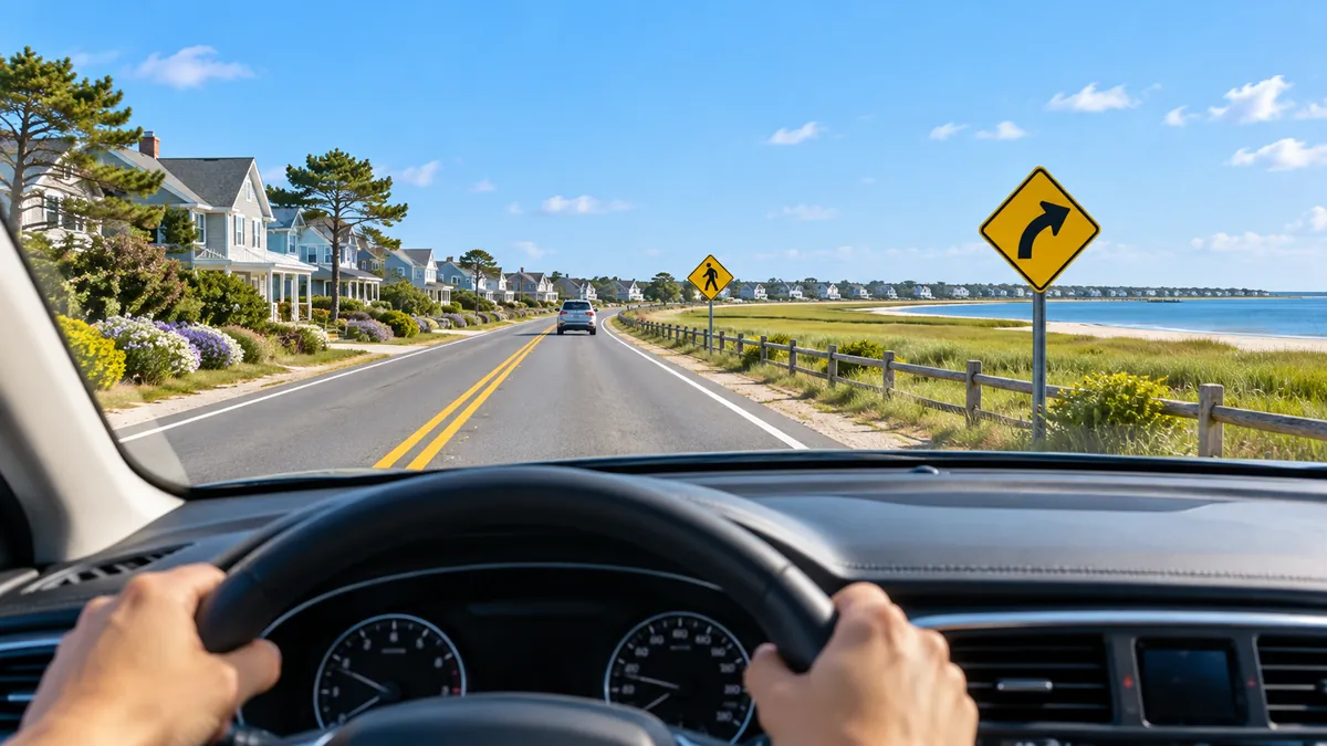 View from the driver's seat of a flat coastal road with marsh grass and a small beach town