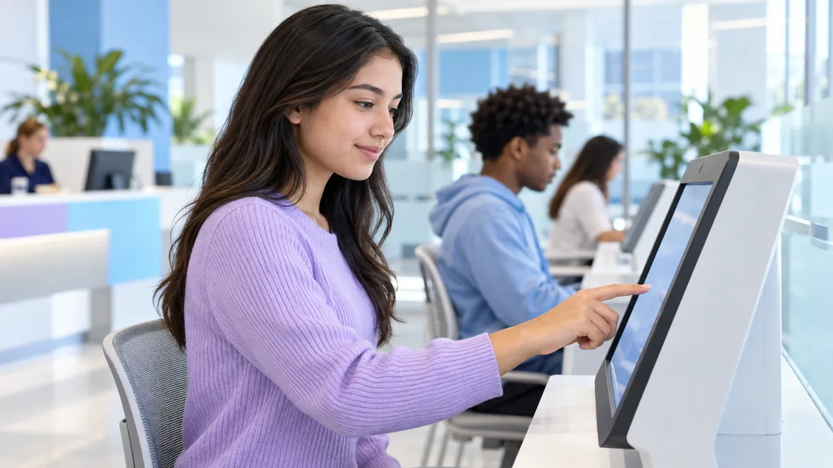 A person at a touchscreen testing kiosk in a bright, modern, government-style office