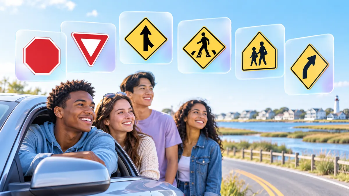 A clean flat illustration of 6–8 US road signs floating on frosted glass cards over white