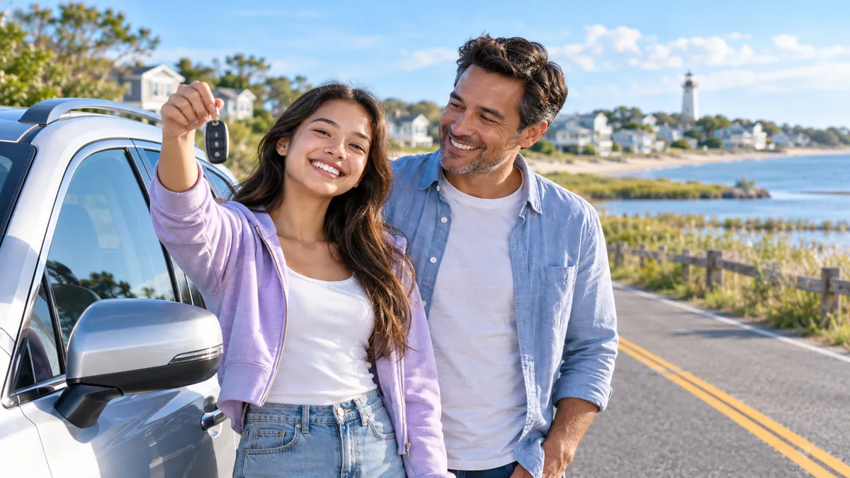 A happy new driver holding car keys next to a parent beside a modern car
