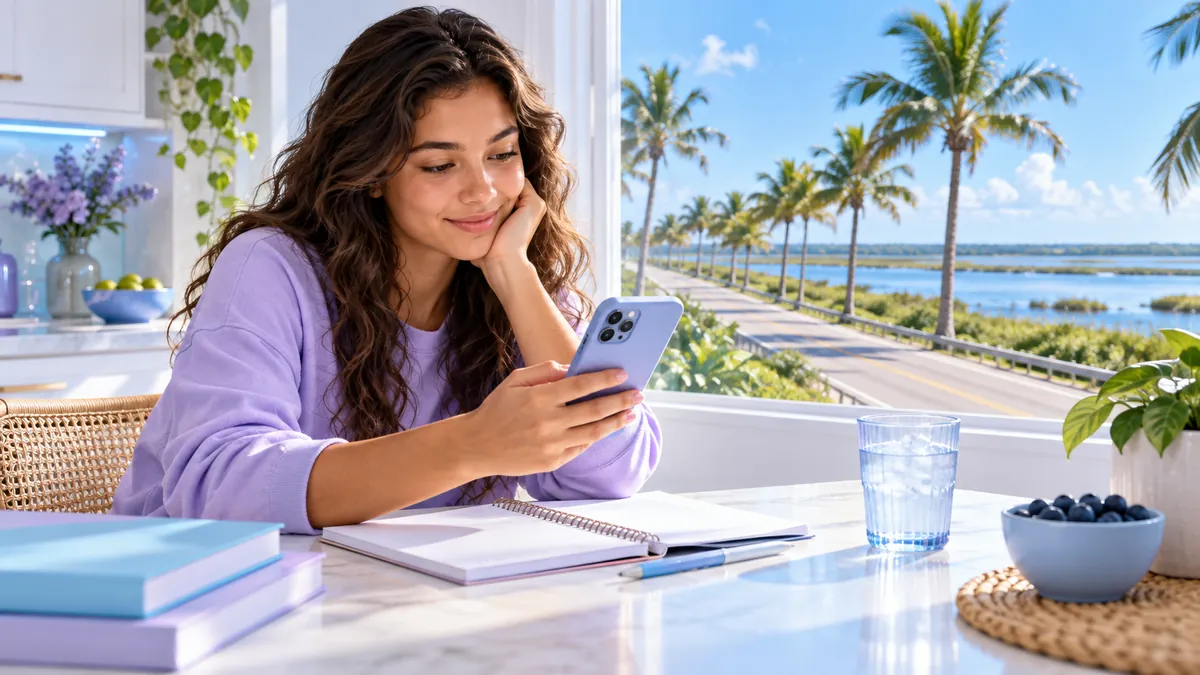 A new driver studying for the Florida permit test on a phone at a kitchen table