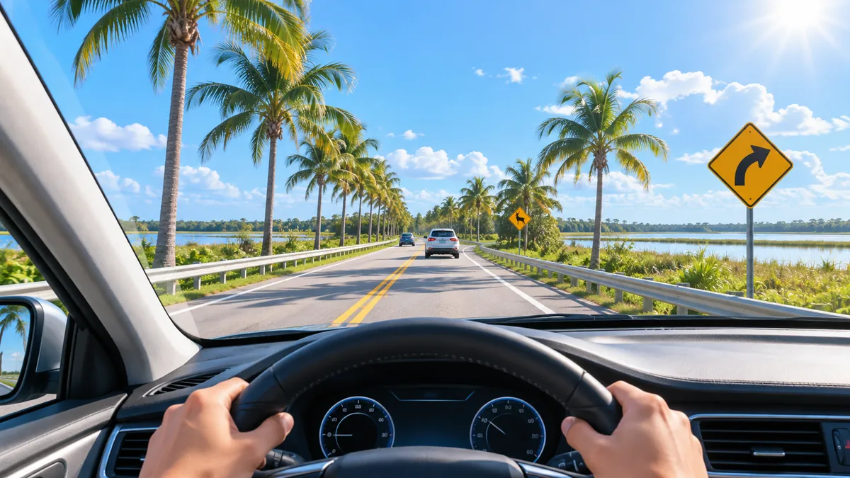 View from the driver's seat of a palm-lined road under bright sun with flat wetlands