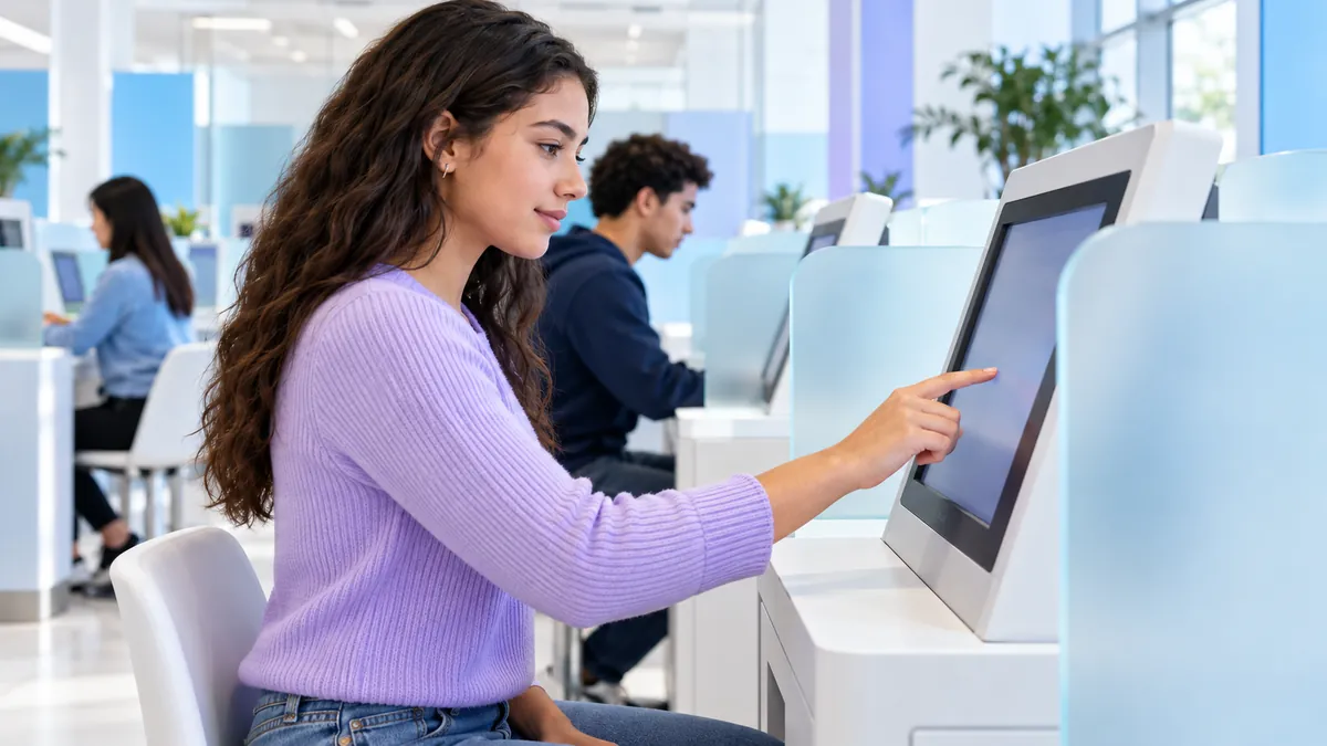 A person at a touchscreen testing kiosk in a bright, modern, government-style office
