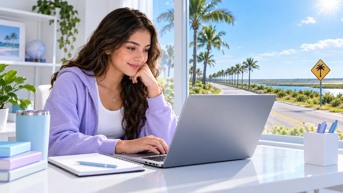 A student taking a short online driver course on a laptop, notebook beside them