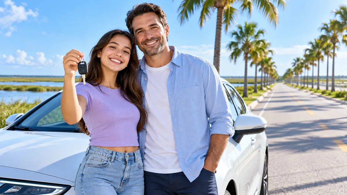A happy new driver holding car keys next to a parent beside a modern car