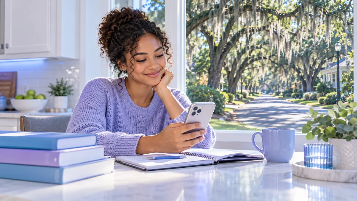 A new driver studying for the Georgia permit test on a phone at a kitchen table
