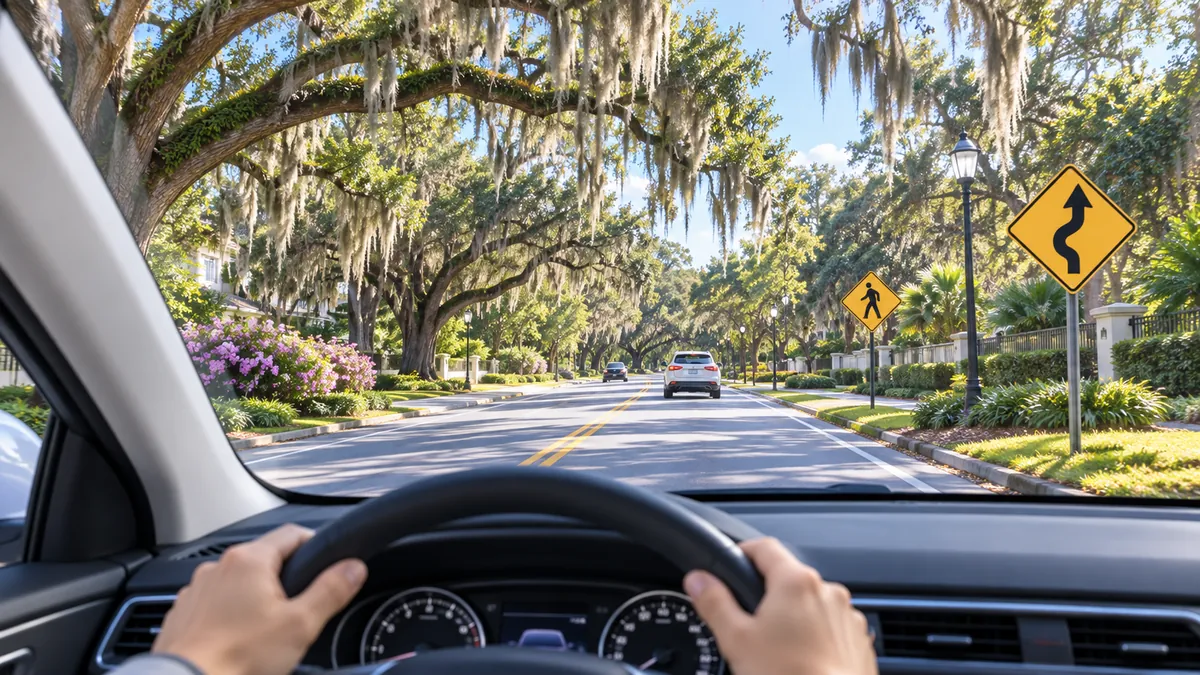 View from the driver's seat of a suburban road shaded by live oaks with Spanish moss