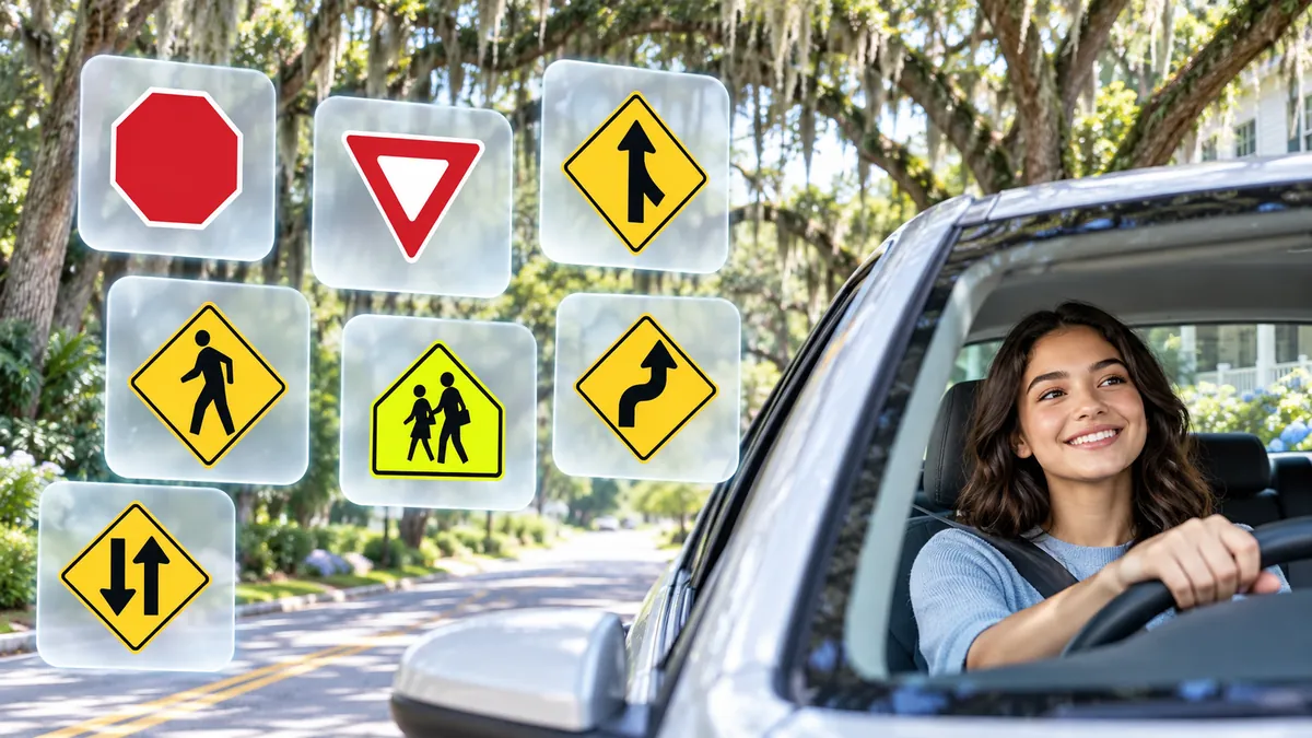 A clean flat illustration of 6–8 US road signs floating on frosted glass cards over white
